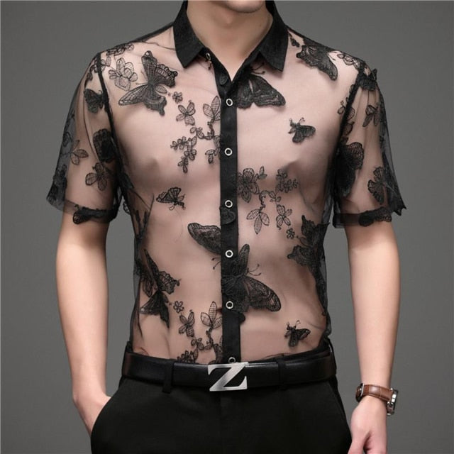 Butterfly Embroidery See-Through Shirts