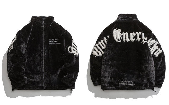 Streetwear Black Fur Embroidery Jacket