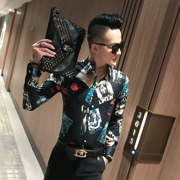 Camisas de manga larga para hombre de estilo casual con estampado de portada Slim Fit