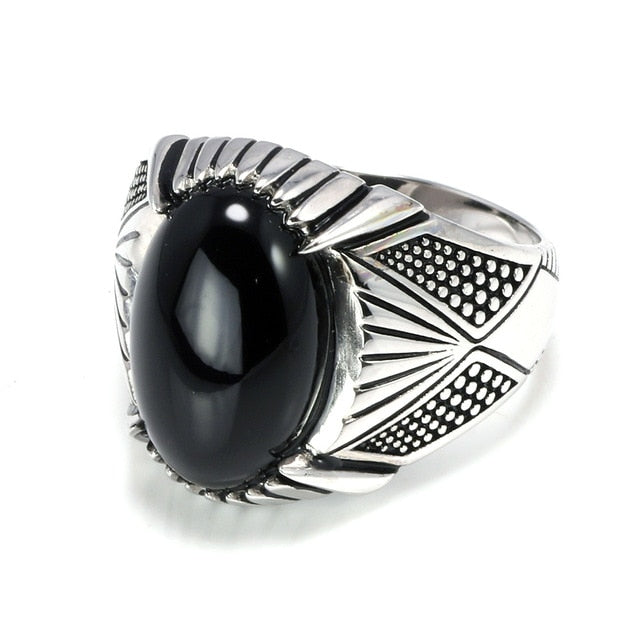 Sterling Silver Antique with Black Natural Stone Men Fashion Rings