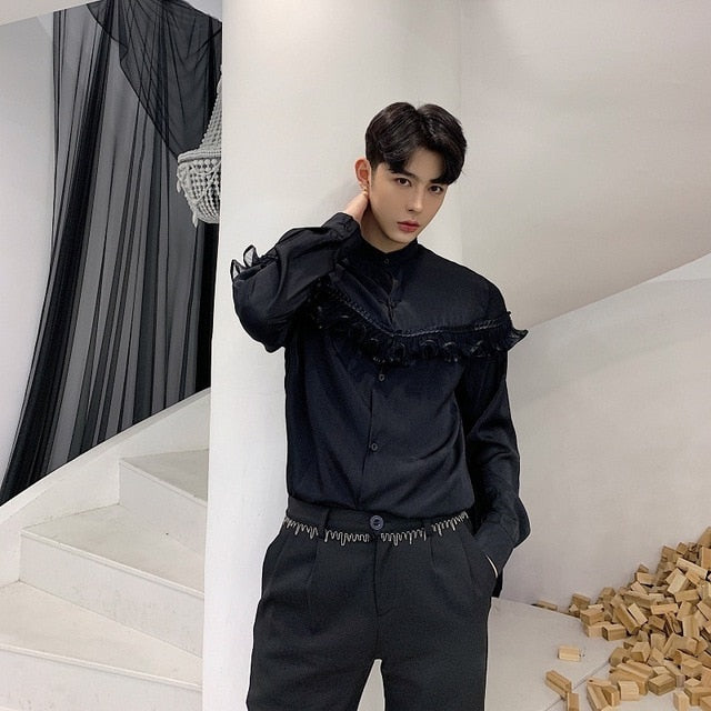 Printemps New Vintage avec chemise courte à volants sur la poitrine pour hommes