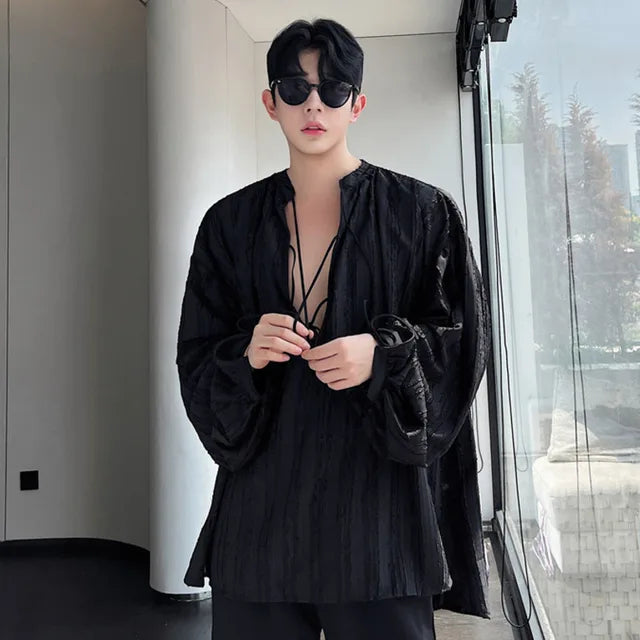 Lace-Up Loose Lantern Sleeve Shirt