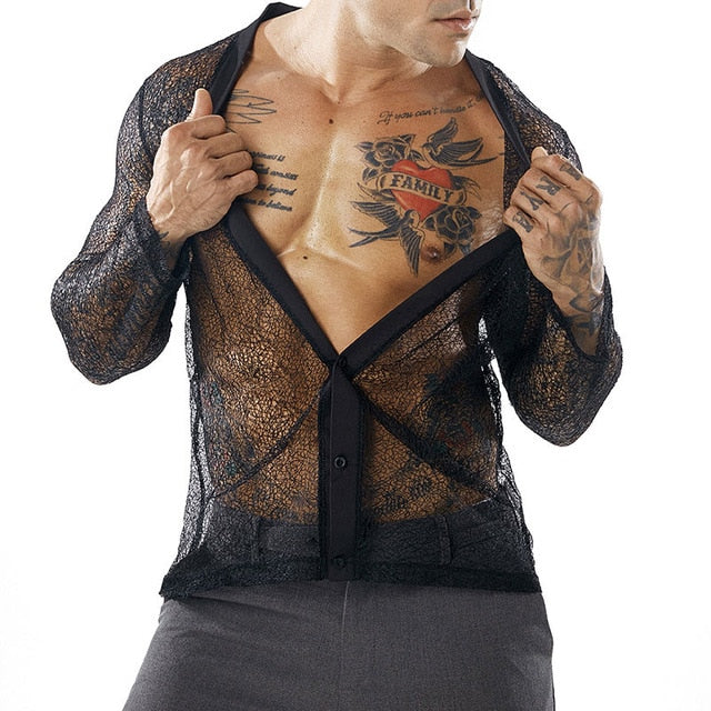 Button Down V Neck See-through Design Men Shirts - FanFreakz