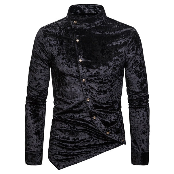 Crushed Velvet Men Asymmetric High Neck Shirt