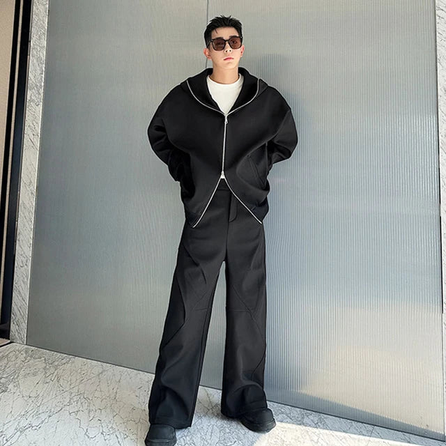 Solid Zipper Hooded Jacket Pants Set