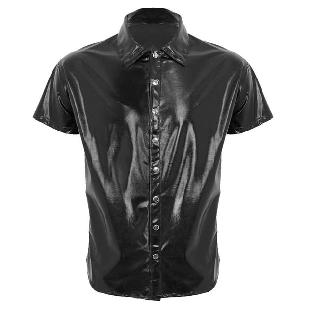 Silver Black Sexy Shine Metallic Short Sleeve Solid Casual Style Men Shirts