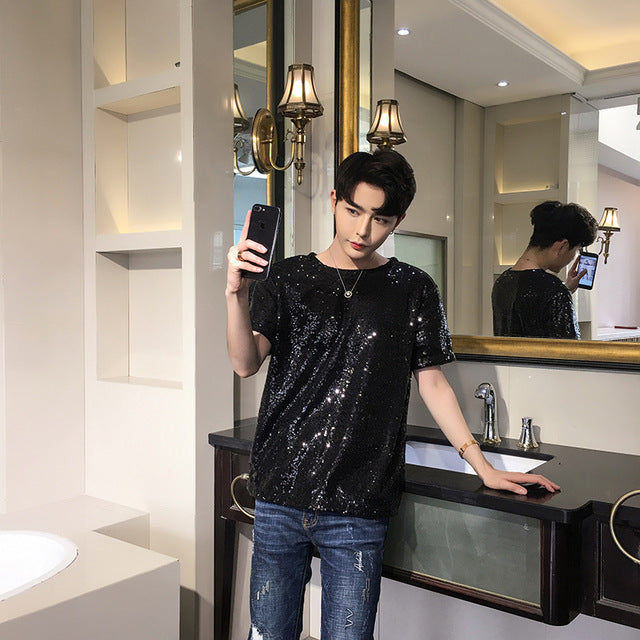 Full Metallic Sequins Men Short Sleeve T-shirt