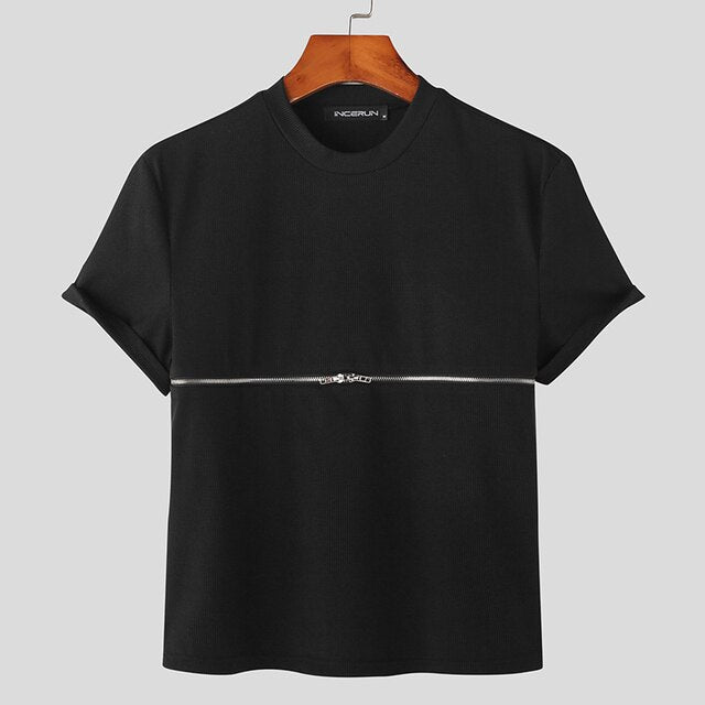Zipper Solid Color Short Sleeve T-Shirt