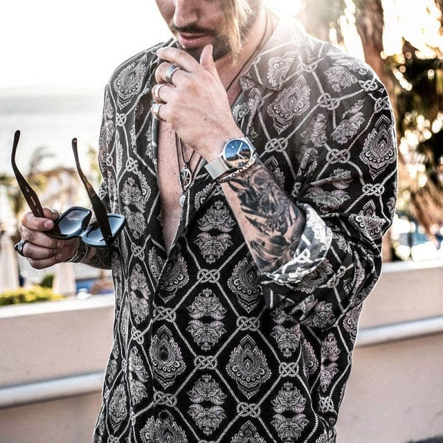 Camisas casuales sueltas de manga larga con estampado salvaje para hombres