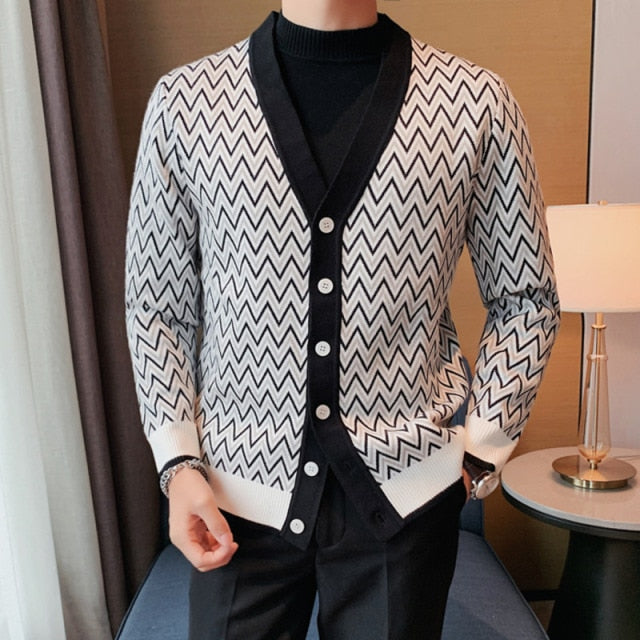 Cárdigan de estilo británico de manga larga con estampado de zigzag