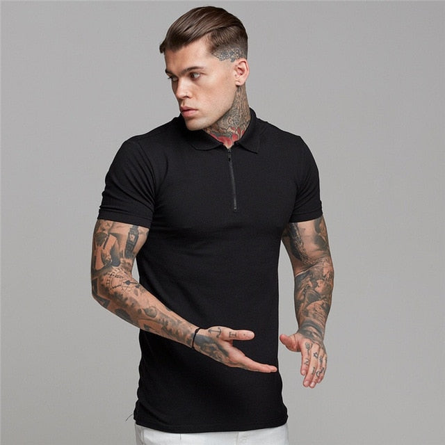 Solid Color Zippered Collar Men Polo Shirt