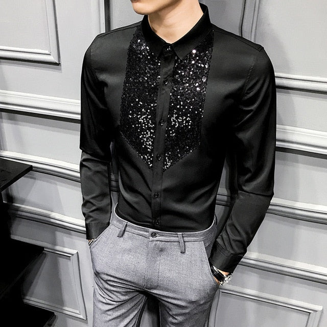Chemise Homme Chic Mode Avant Paillettes Smoking Manches Longues