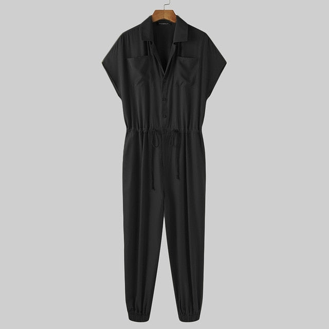 Solid Button and Drawstring Style Jumpsuit