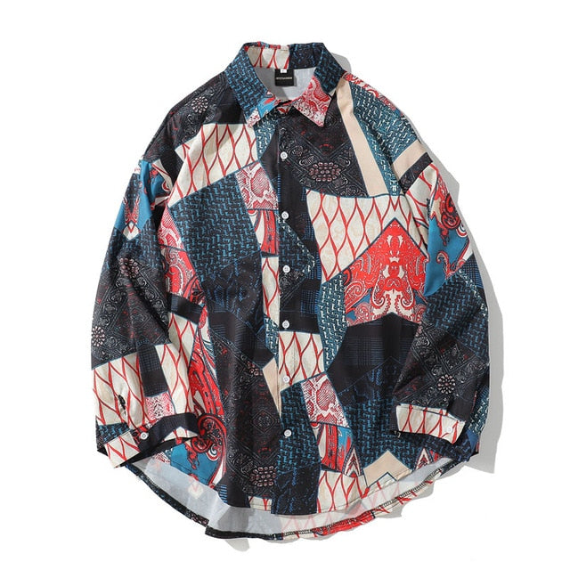 Japonés Ukiyo E Geometry Pattern Casual Streetwear Hombres Camisa