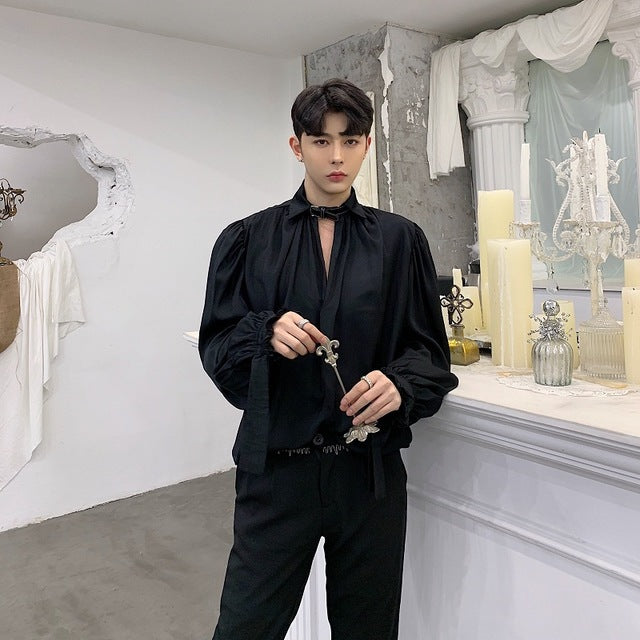 Col en V rétro vintage avec chemise à manches longues pour hommes