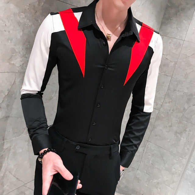 Chemise à manches longues décontractée en patchwork de couleurs contrastées pour hommes