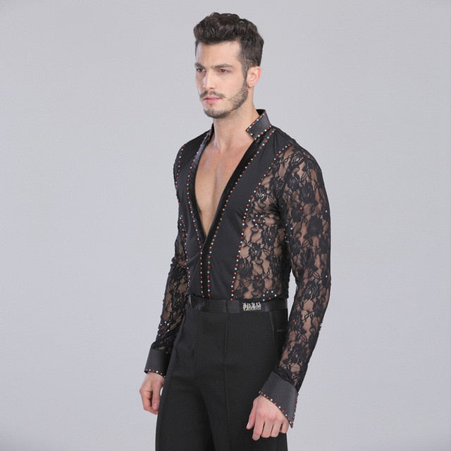 Deep V Lace Manches Longues Latin Salsa Style Hommes Chemises