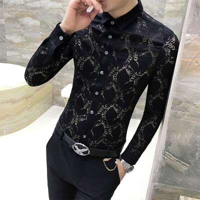 Petal Leaves Stylish Lace Long Sleeve Design Men Shirt