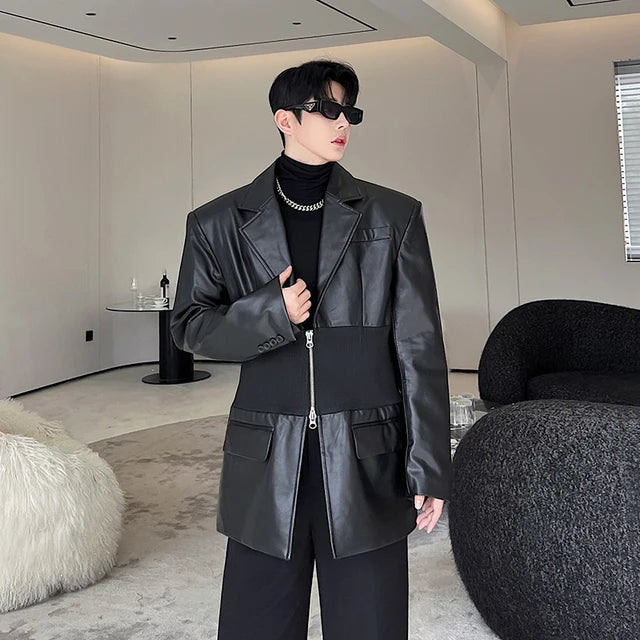 Black Waistband And Leather Zipper Coat