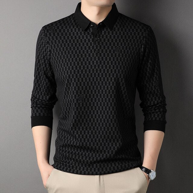 Geometric Pattern Wool Blends Polo Shirt