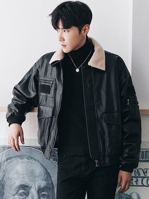 Veste en cuir épais et chaud en fourrure à col ivoire