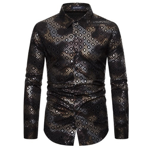 Black Gold Diamond Stamping Printed Long Sleeve Shirt