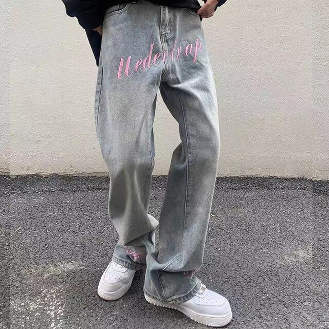 Embroidery Patchwork Light Blue Men Jeans