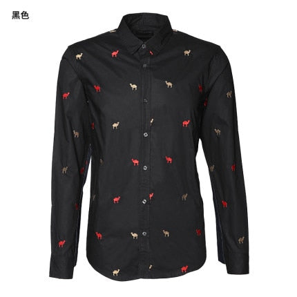 Camel Embroidery Long Sleeve Slim Fit Men Shirt