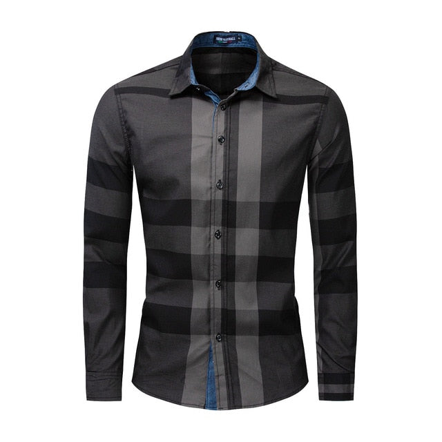 Casual Vertical Plaid Men Slim Fit Shirt