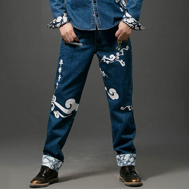 Oriental Pattern with HanZi Letter Details Men Jeans