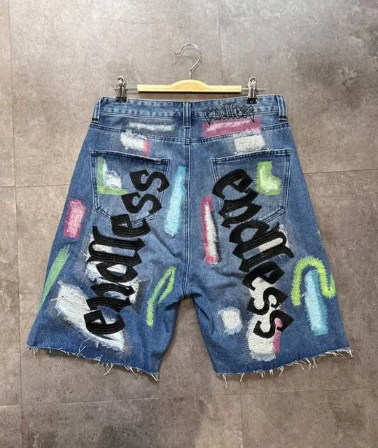 Hip Hop Embroidered Ripped Craft Shorts