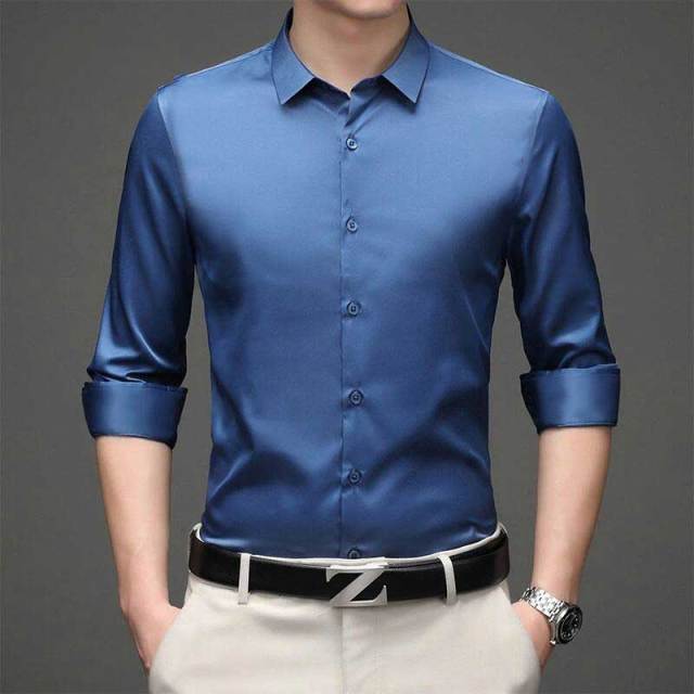 Solid Polyester Turn-Down Collar Men's Shirt