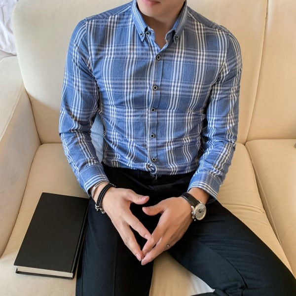 Blue Gray Plaid Business Slim Fit Casual Men Long Sleeves Shirt