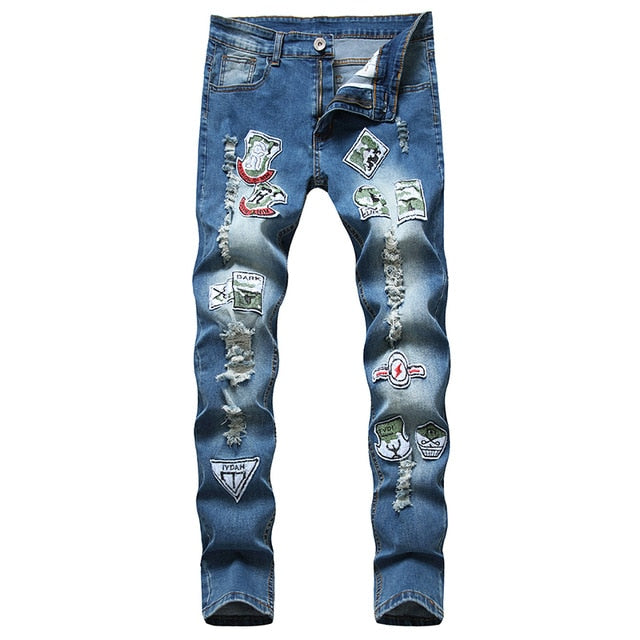 Badges Patchwork Style Ripped Straight Jeans