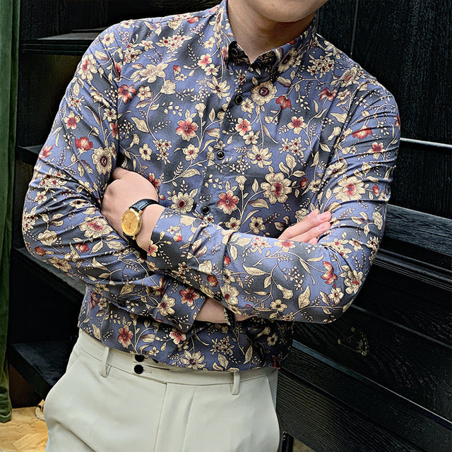 Camisa de manga larga para hombre con estampado floral sin costuras