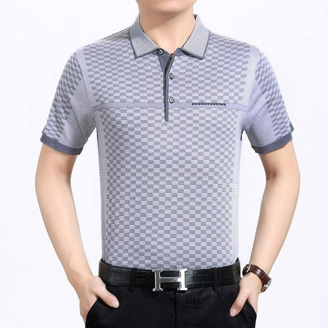 Plaid Pattern Decorated Solid Color Polo Shirt