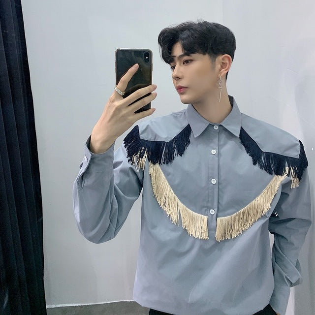 Vintage Casual Pullover Style with Tassel Detail Men Shirt