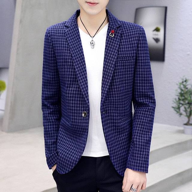 Casual Elegant Solid Plaid Pattern Men Blazer - FanFreakz