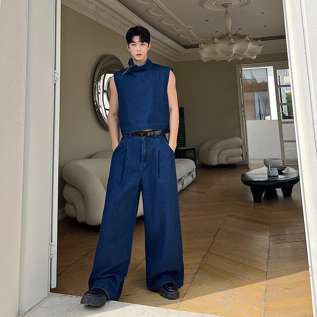 Solid Blue Denim Pants Set