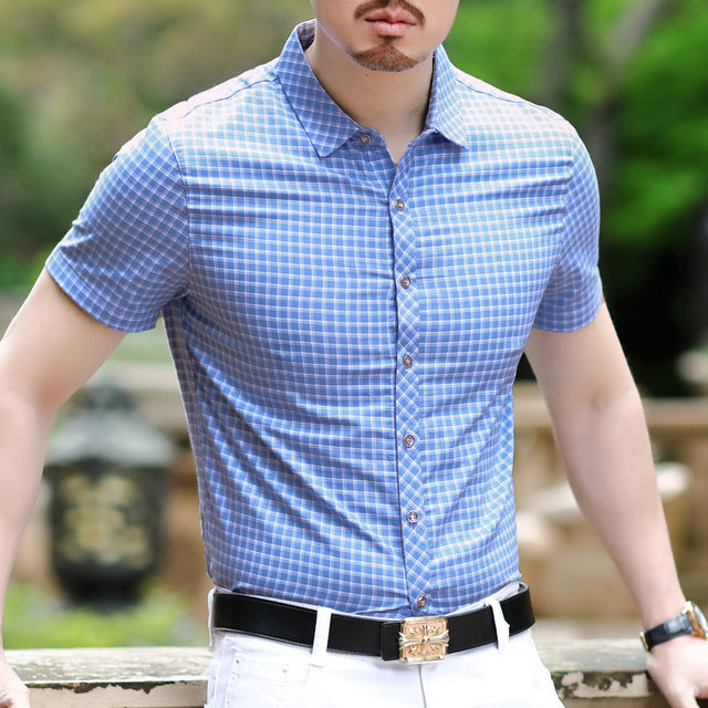 Pastel Color Short Sleeve Men Plaid Shirt