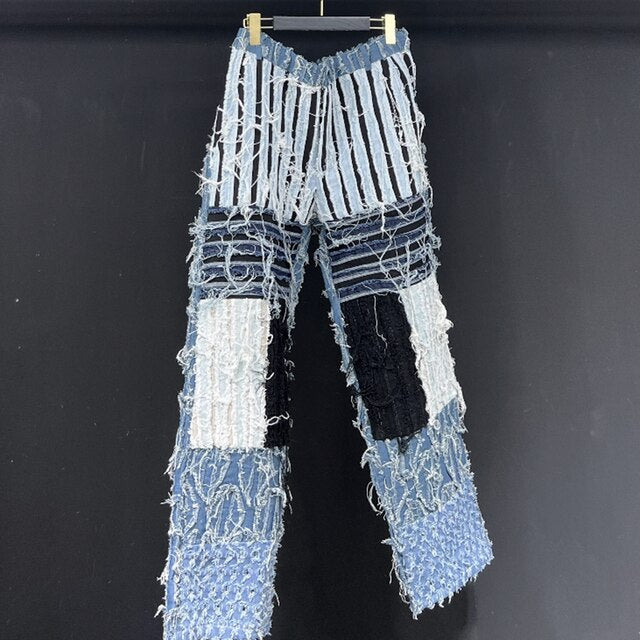 Patchwork Denim Straight Legs Jeans
