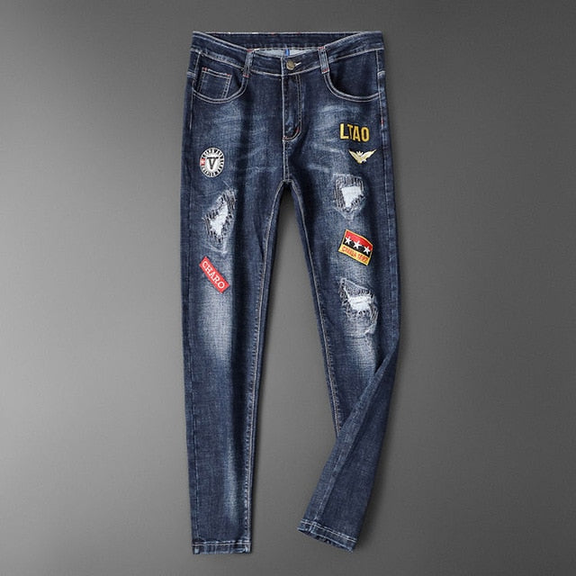 Badges Embroidery and Patchwork Decorated Jeans