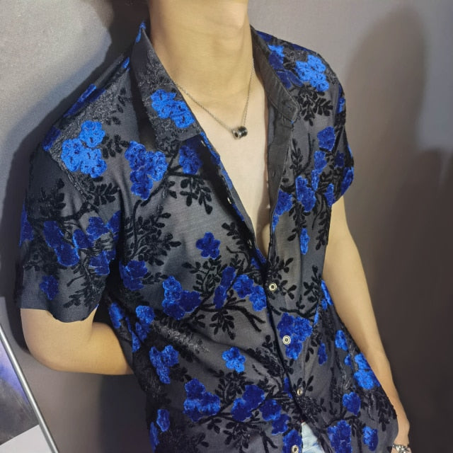 Red Blue Transparent Floral Velvet Shirt