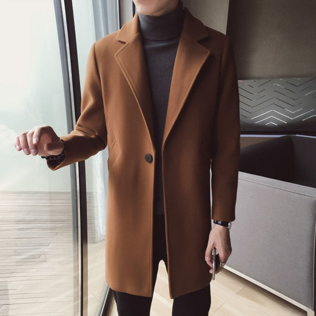 Plain Solid Color Inclined Pocket Long Coat