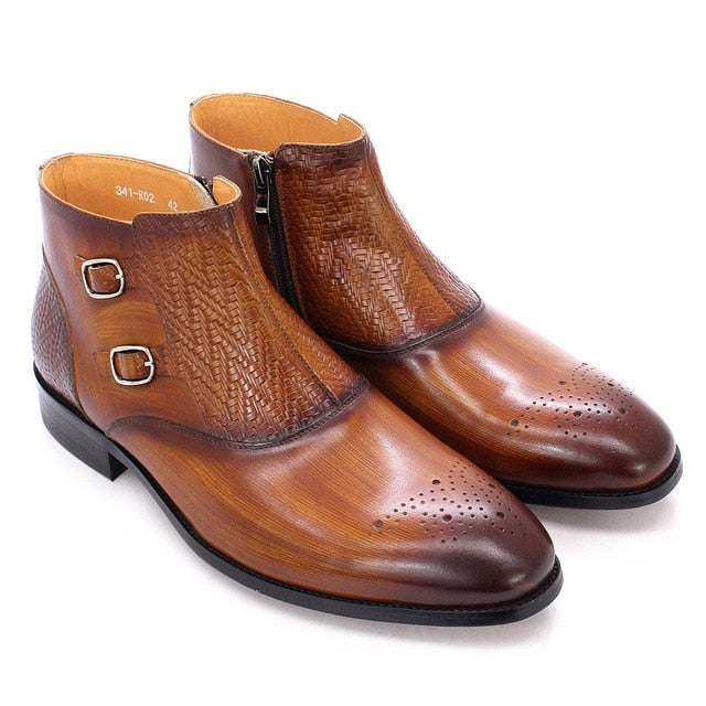 Bottines à double boucle en cuir véritable faites à la main