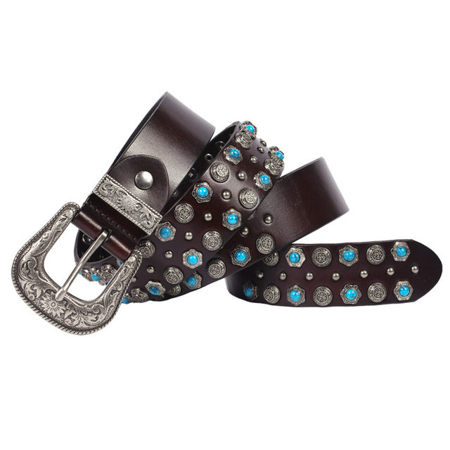 Turquoise Stone Decoration Genuine Leather Belt