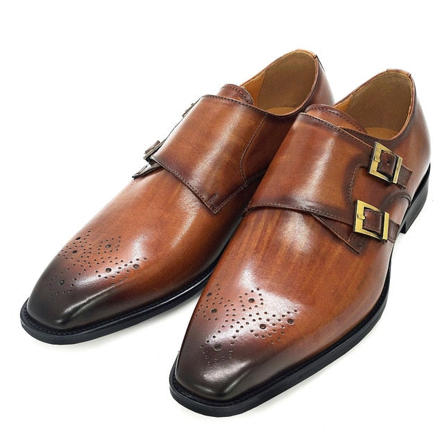 Medallion-Toed Leather Monk Shoes