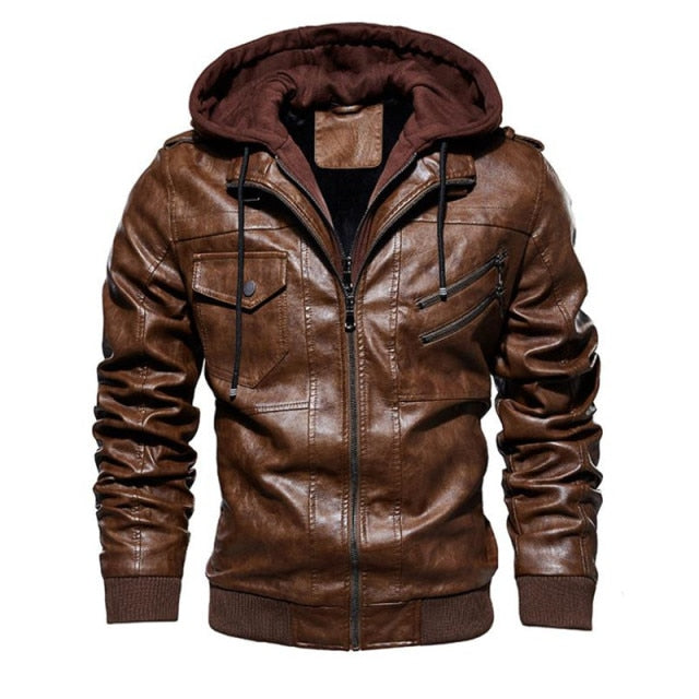 PU Leather Solid Color Zipper Closure Hoodie
