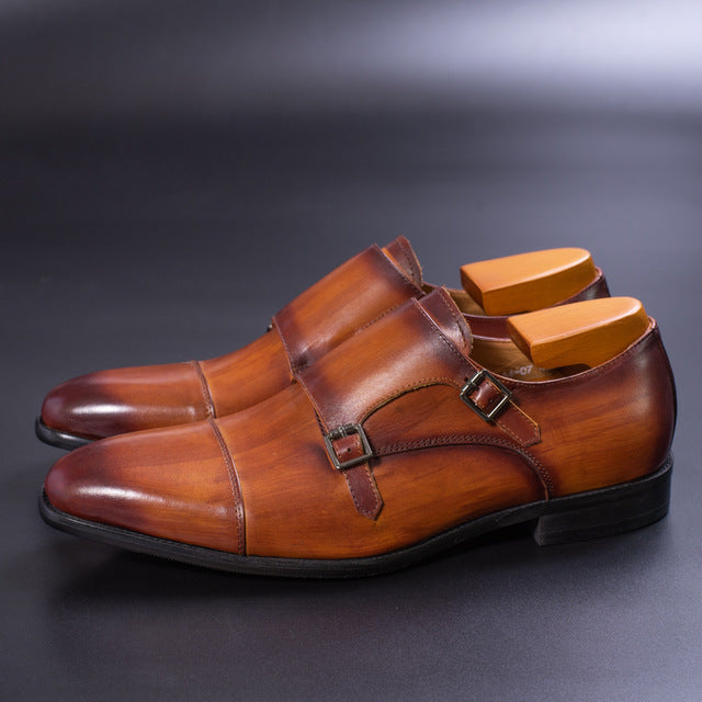 Double Buckle Strap Handmade Painted Cap Toe Formal Style Men Shoes