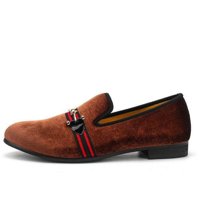 Brown Velvet Red Ribbon Detail Men Shoes